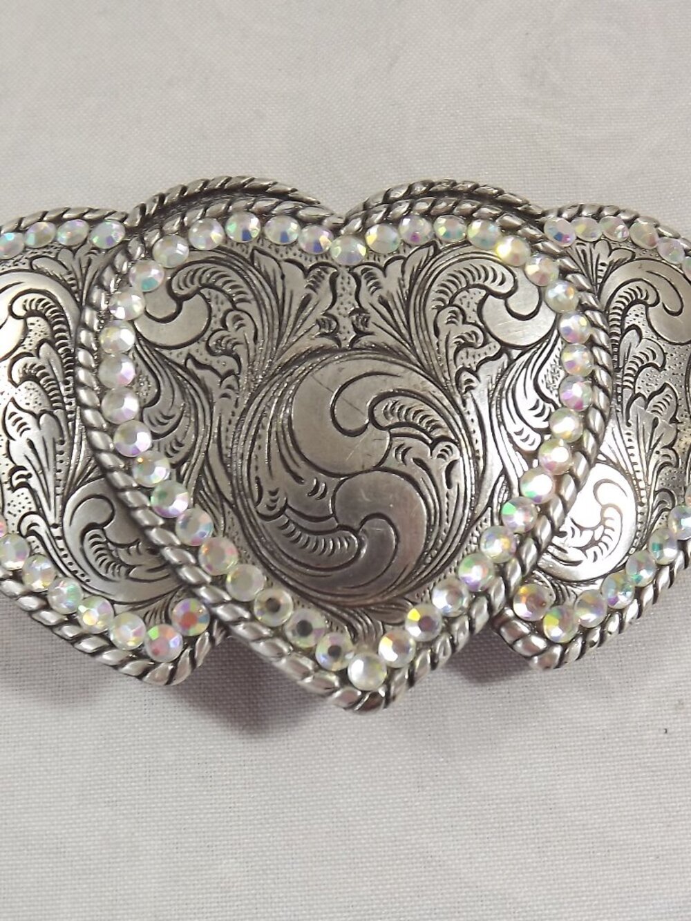 Triple Heart Belt Buckle with Iridescent Rhinestone Trim